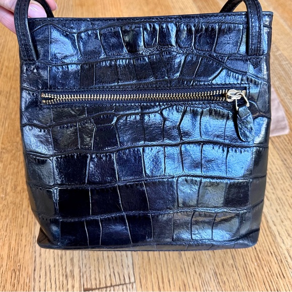 Monsac Black Crocodile-Embossed Genuine Leather Handbag with Shoulder Handles - Picture 4 of 15